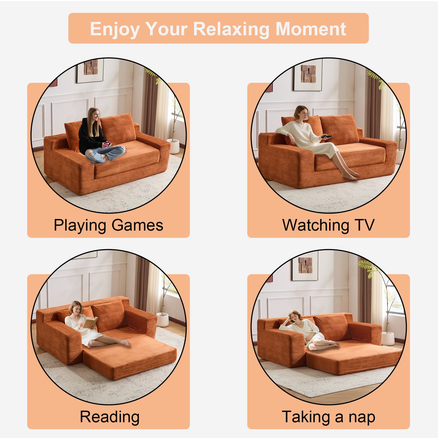 Zweisitzer-Sofa, Bequemes Sofa-Bett mit tiefer Sitzfläche, Modernes kleines Cord-Sofa für Wohnzimmer und Schlafzimmer, Umkehrbares Kissen mit Kissen, Keine Montage erforderlich, Orange
