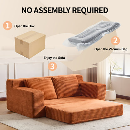 Zweisitzer-Sofa, Bequemes Sofa-Bett mit tiefer Sitzfläche, Modernes kleines Cord-Sofa für Wohnzimmer und Schlafzimmer, Umkehrbares Kissen mit Kissen, Keine Montage erforderlich, Orange