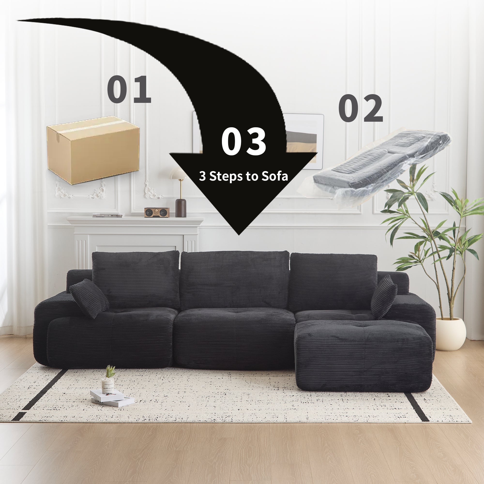 Moderne Kompressions-Memory-Schaum-Sofa, Große Ecksofas für das Wohnzimmer, Haustierfreundliches Wolkenmodulares Ecksofa, Kordstoff, Extra Tiefes Zweiersofa, Keine Montage erforderlich, Schwarz