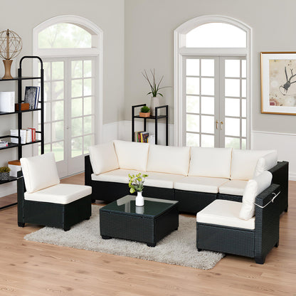 Beliebtes Siebenteiliges Sofasofa-Set mit Tisch, Sofa-Sessel, Schwarzes PE-Rattan, Outdoor, Neues Design Möbel 7-JH002 Kiste 3-1-2-3 mit Weißem Farbigen Kissen