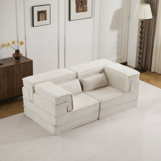Kompressions-Mahjong-Sofa, umklappbares Boden-Sofabett, DIY knochenloses modulares Sektionssofa, keine Montage erforderlich, runder Fleece-Stoff, modernes überdimensioniertes Zweiersofa, Weiß