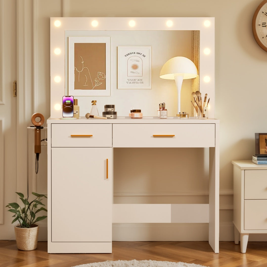Spiegel und Lichter, Schminktisch mit Lade-Station, 2 Schubladen & großem Schrank, 3 einstellbare Beleuchtungsfarben, Ankleidetisch
