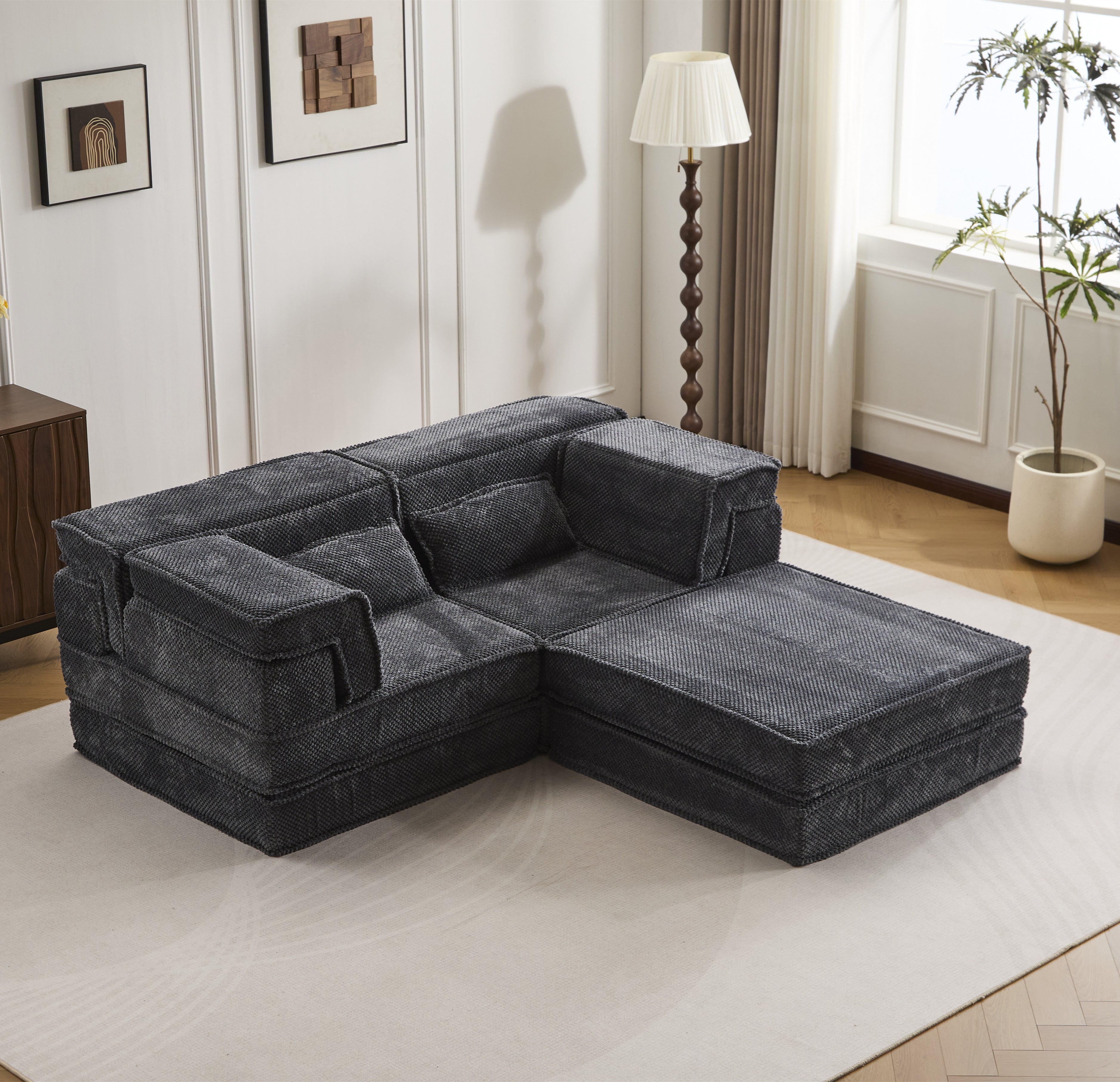 Kompressions-Mahjong-Sofa, Umwandelbares Boden-Sofabett, DIY Knochenloses Modulares Sektionalsofa, Keine Montage erforderlich, Kreisförmiger Fleece-Stoff, Überdimensioniertes 2-Sitzer-Sofa mit 1 Hocker, Dunkelgrau