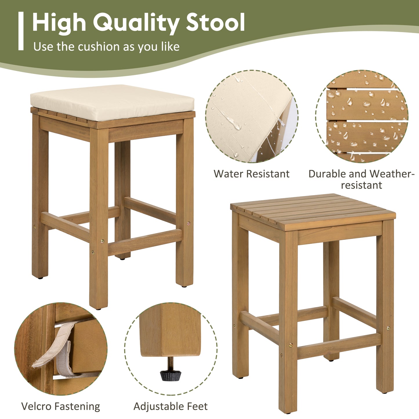5-teiliges Outdoor-Bar-Set, Patio-Akazienholz-Barhöhen-Tisch & vier Hocker mit Polstern, Holz-Ess-Bar-Set für Garten, Poolbereich, Balkon, Beige