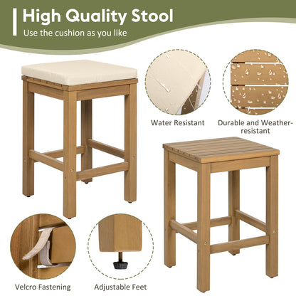 5-teiliges Outdoor-Bar-Set, Patio-Akazienholz-Barhöhen-Tisch & vier Hocker mit Polstern, Holz-Ess-Bar-Set für Garten, Poolbereich, Balkon, Beige