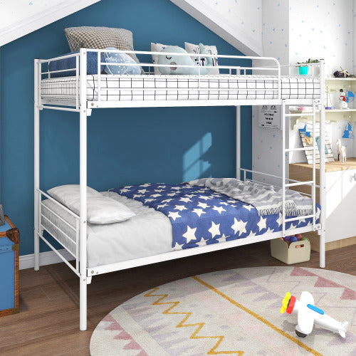 Etagenbett Doppelstock mit Metallrahmen und Leiter, platzsparendes Design, weiß