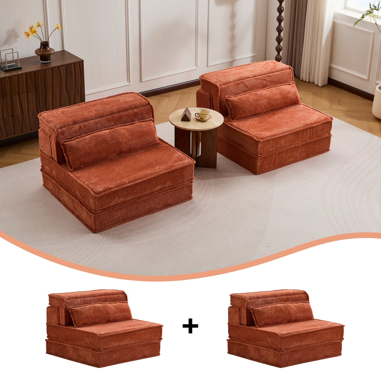 Kompressions-Mahjong-Sofa, umklappbares Boden-Sofabett, DIY knochenloses modulares Sektionssofa, keine Montage erforderlich, Kreisförmiger Fleece-Stoff, überdimensioniertes 2-Sitzer-Sofa mit 2 Kissen, Orange