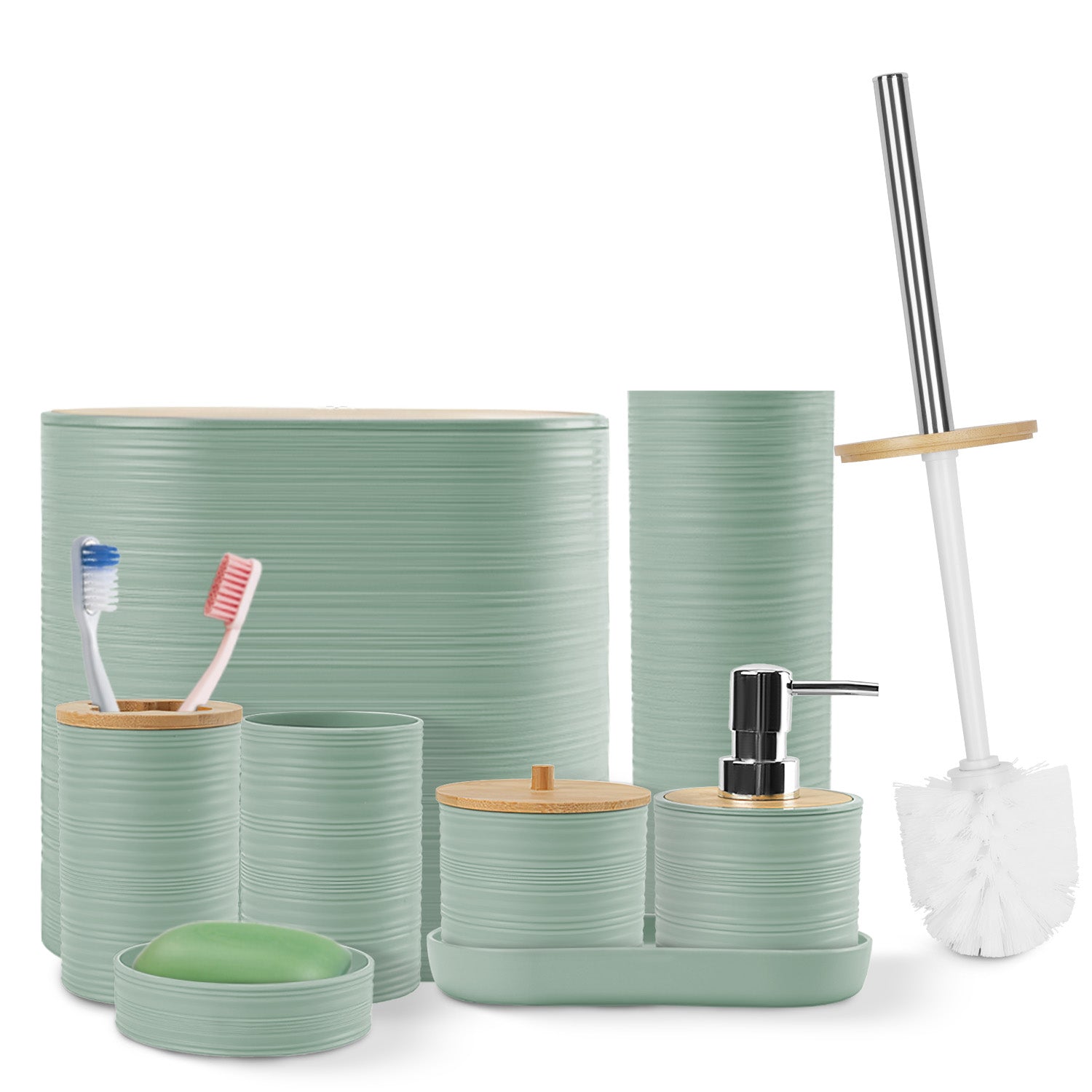 5 Farboptionen -- Set aus 8 Teilen Badezimmerezubehör-Set Badezimmerhalter-Set mit Seifenspender Zahnbürstenhalter Becher Seifenschale Toilettenreinigungsbürste Mülleimer Wattestäbchenhalter Schminktischtablett für Zuhause