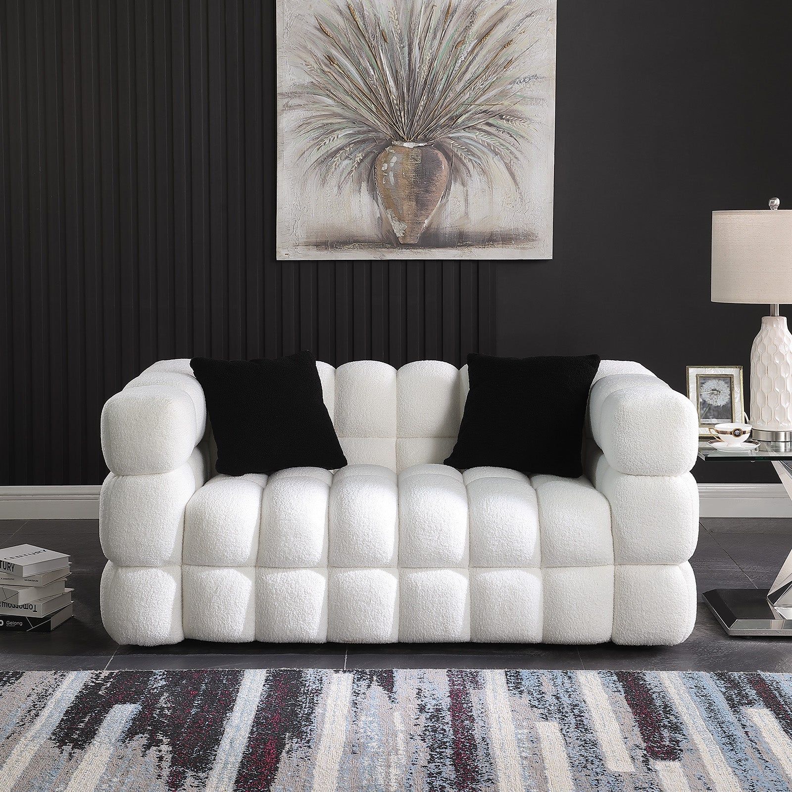 62,2 Länge, 35,83 Zoll Tiefe, menschliche Körperstruktur für US-Amerikaner, Marshmallow-Sofa, Bouclé-Sofa, weiße Farbe, 2-Sitzer