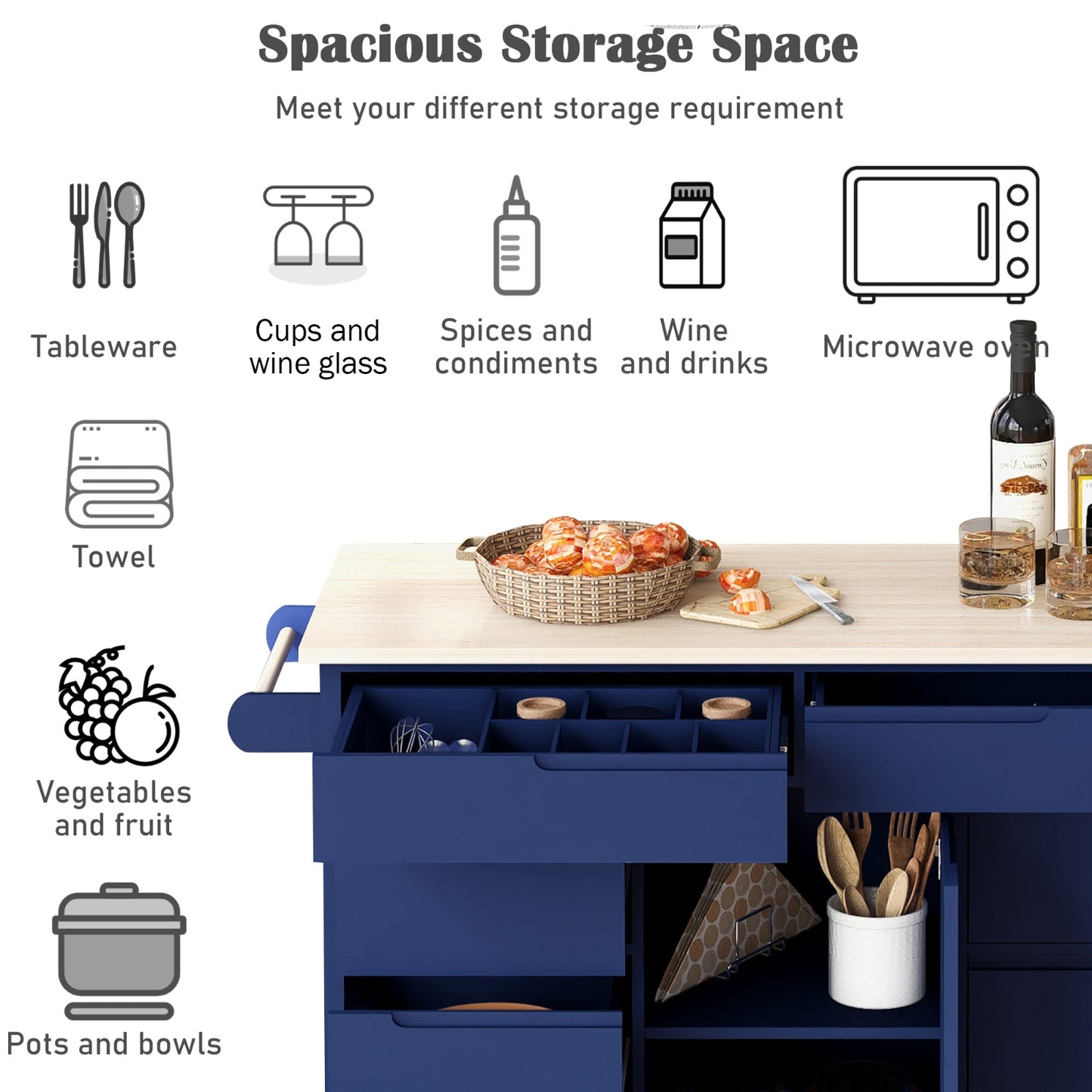 K&K Store Kitchen Cart With Rubber Wood Top, 8 Handle-Free Drawers