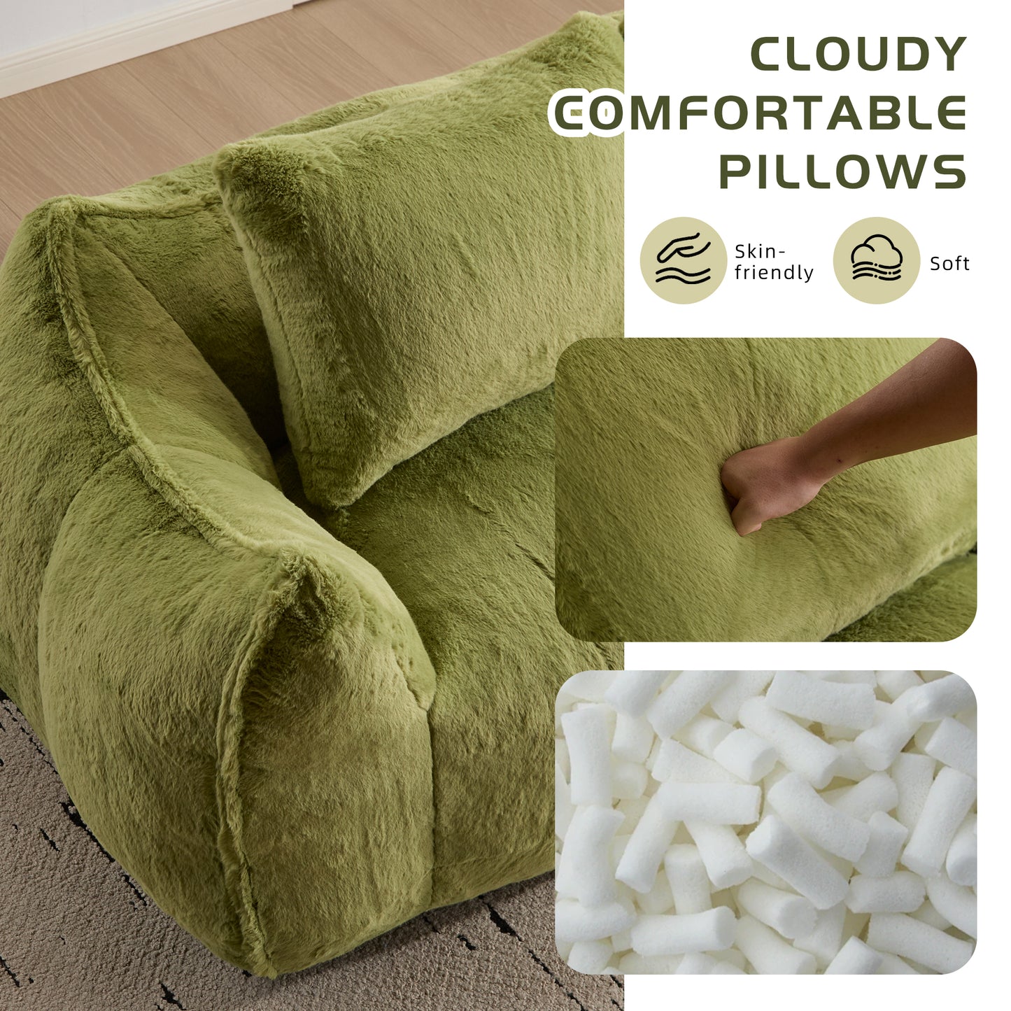 Riesiges Sitzsacksofa für Erwachsene, ultra weiches, flauschiges Zweiersofa aus Sitzsäcken, überdimensionierter Chaiselongue-Stuhl für Innenräume im Wohnzimmer und Schlafzimmer, keine Montage erforderlich, gemütlicher Lesesessel mit Kissen, Grün