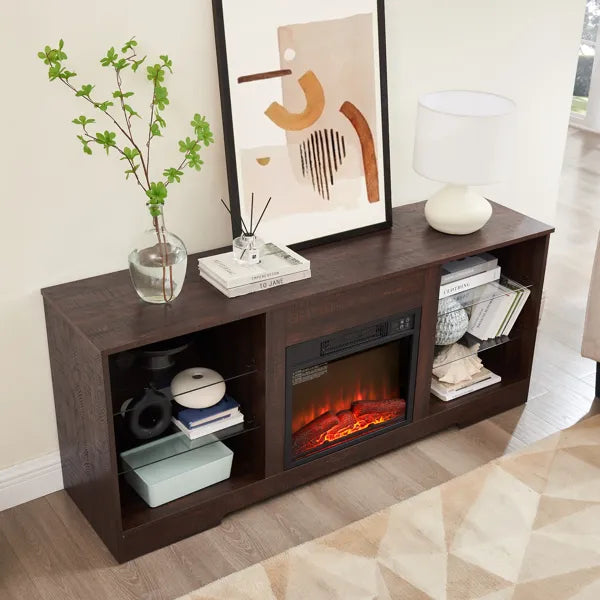 TV-Ständer mit elektrischem Kamin und Glasregalen, 3D-Kamin-TV-Ständer mit LED-Beleuchtung aus Holz mit USB-Ladeanschluss Moderner Fernsehtisch für TVs bis zu 62" ESP, 58''B*15,5''T*24,4"H