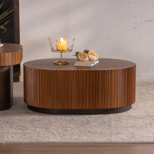 Handcraft Round Nesting Coffee Table Set Of 2, - Chic Wave Stripe Edge, Modern Stylish Wooden Circle Fluted Center Table For Living Room