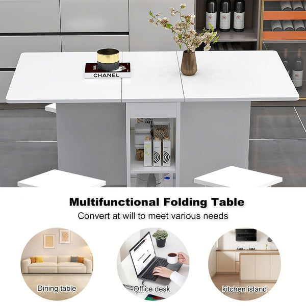 Folding Drop Leaf Dining Table Set For 4 With 4 Chairs, Space Saving Foldable Dining Table With Storage And 6 Wheels, 47.2 Inch D X 23.6 Inch W X 30.3 Inch H, White