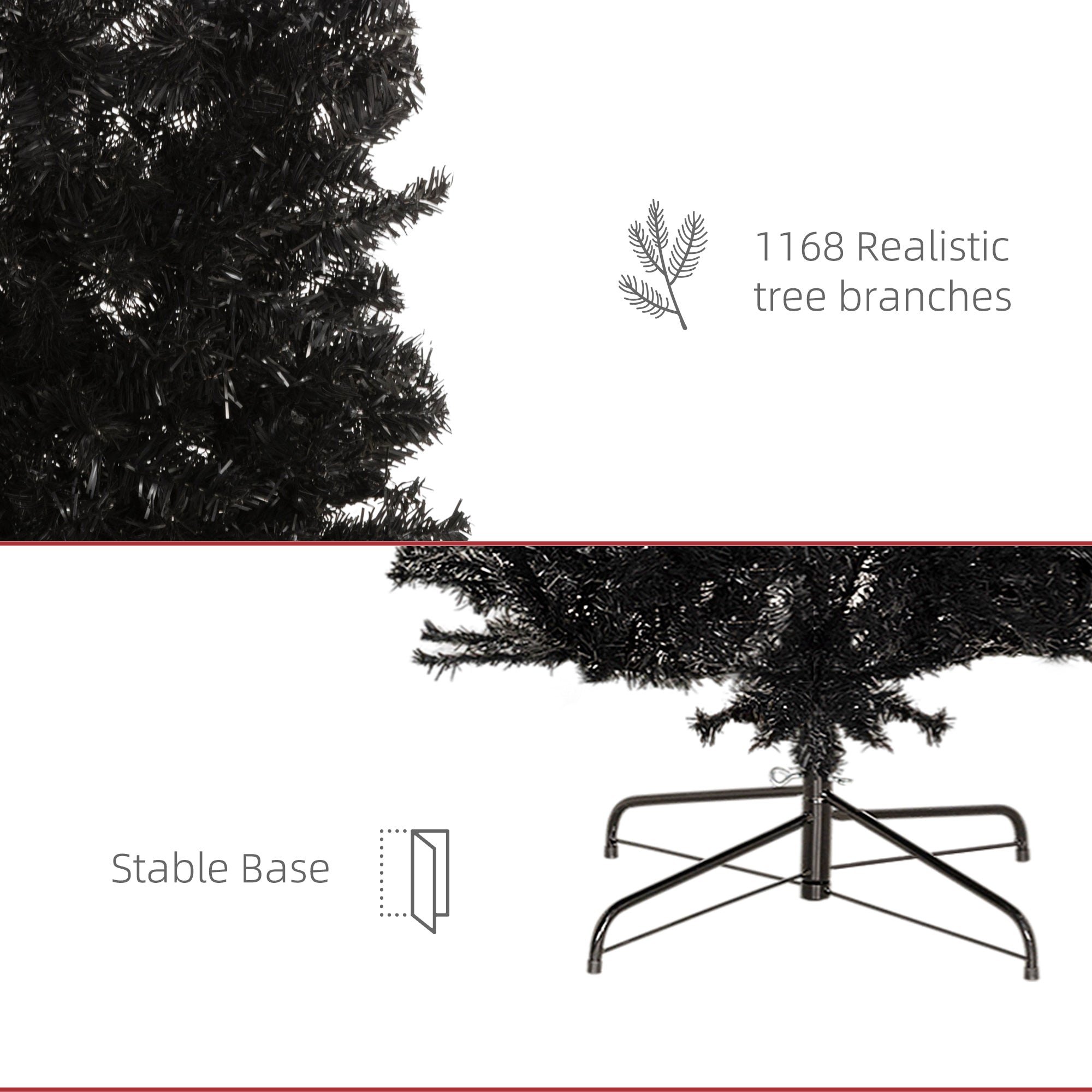 HOMCOM 2,4 m Bleistift-Weihnachtsbaum, unbeleuchteter künstlicher Weihnachtsbaum schlanker Douglasie Tannenbaum mit realistischen Ästen, Halloween-Baum mit 1168 Spitzen, schwarz