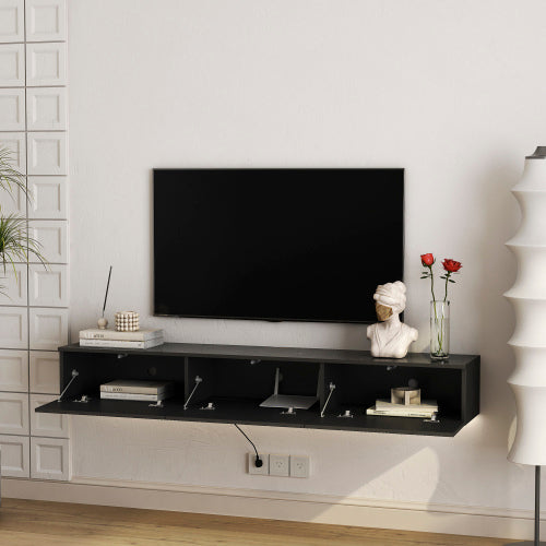 Schwebender TV-Ständer Wandmontiert mit 16-farbigen LEDs, Modernes TV-Ständer, Schwebender TV-Schrank Entertainment-Center für 55 60 65 Zoll TV, Schwarz