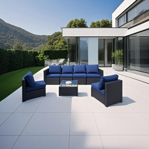 Siebenteiliges Sofaset mit Tisch und Sessel, Schwarz, PE-Rattan, Außenmöbel 7-JH001, Karton 3-1-2-3 mit blauen Sitzkissen