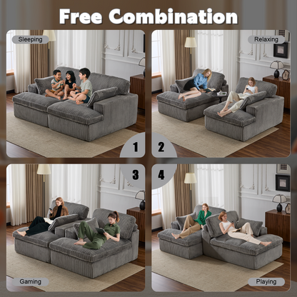 Doppel-Liegestuhl für Innenräume, Überdimensionierter Bezogener Schlafsessel Wolken-Couch, Tief Sitzender Luxus-Sofabett, Sektionale Sofa-Liegestuhl Liebes-Sitz, Corduroy Lesesessel für das Wohnzimmer, Keine Montage erforderlich, Grau