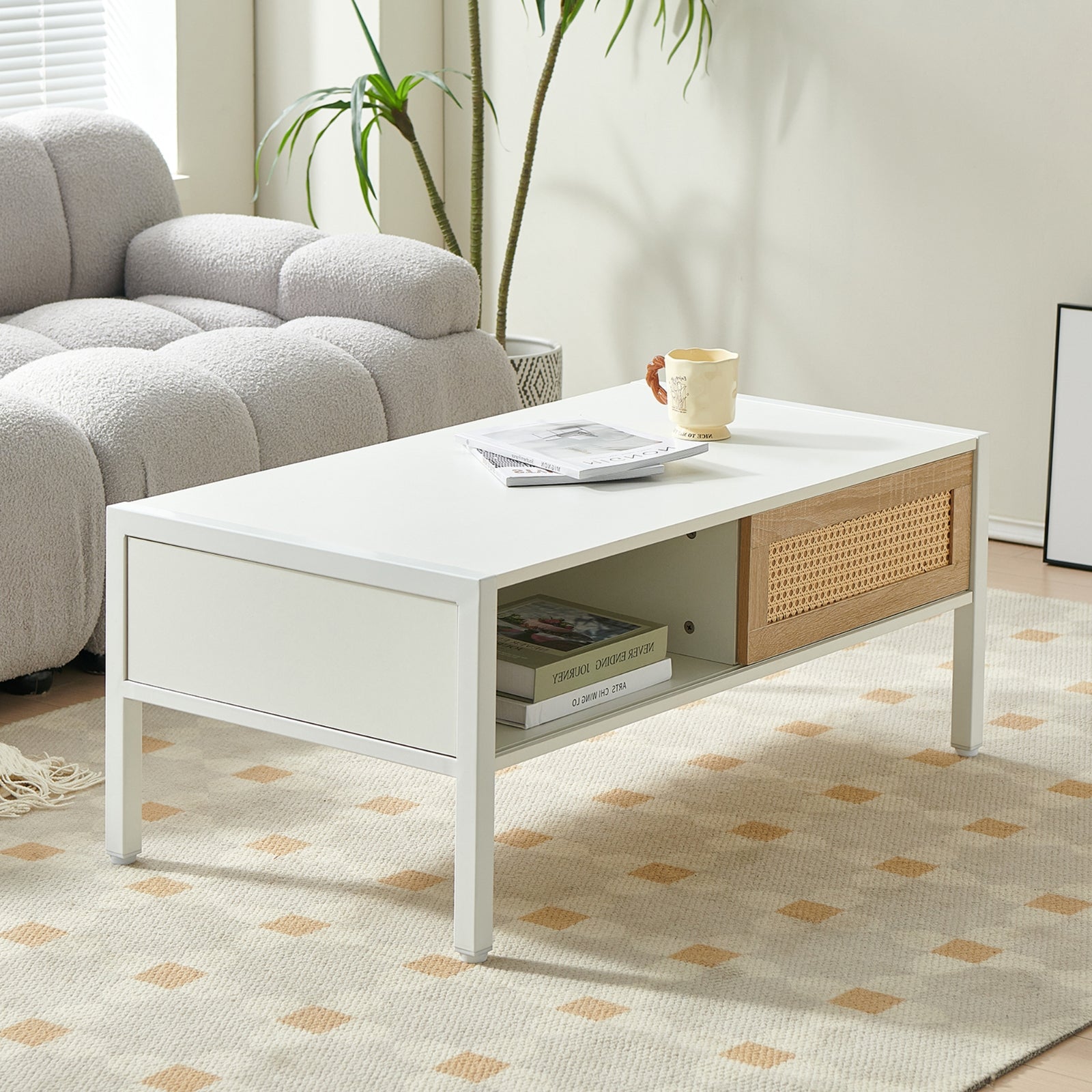 40,16 Couchtisch aus Rattan mit Schiebetür, Metallbeine - Modernes Wohnzimmer