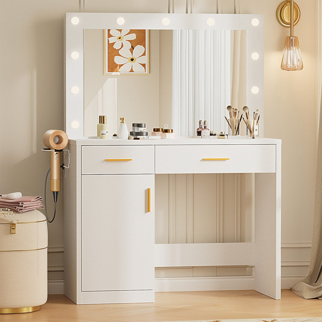 Spiegel und Lichter, Schminktisch mit Lade-Station, 2 Schubladen & großem Schrank, 3 einstellbare Beleuchtungsfarben, Ankleidetisch