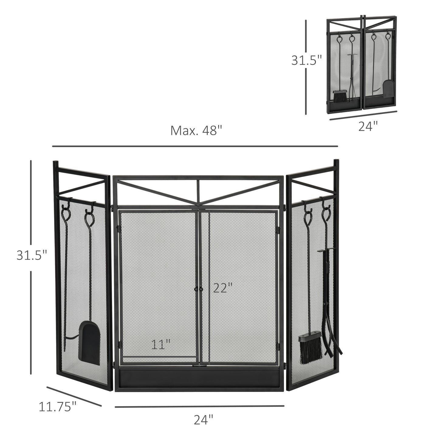 3-teilig faltbarer Kamin-Schutz mit 2 magnetischen Türen und Kamin-Werkzeug-Set