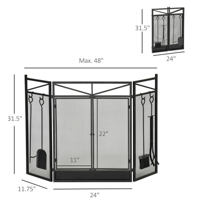 3-teilig faltbarer Kamin-Schutz mit 2 magnetischen Türen und Kamin-Werkzeug-Set