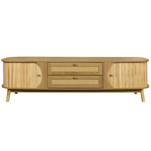 Rattan-Fernsehtisch für Fernseher bis 75 Zoll, modernes Bauernhaus-Medienbüfett, Unterhaltungszentrum mit massiven Holzbeinen, TV-Schrank für das Wohnzimmer, Heimkino