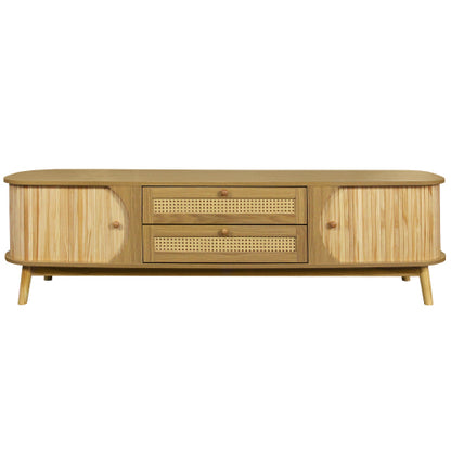 Rattan-Fernsehtisch für Fernseher bis 75 Zoll, modernes Bauernhaus-Medienbüfett, Unterhaltungszentrum mit massiven Holzbeinen, TV-Schrank für das Wohnzimmer, Heimkino