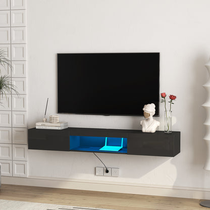 Schwebender TV-Ständer Wandmontiert mit 16-farbigen LEDs Moderner TV-Ständer, Schwebender TV-Schrank Entertainment-Center für 55 60 65 Zoll TV, Schwarz