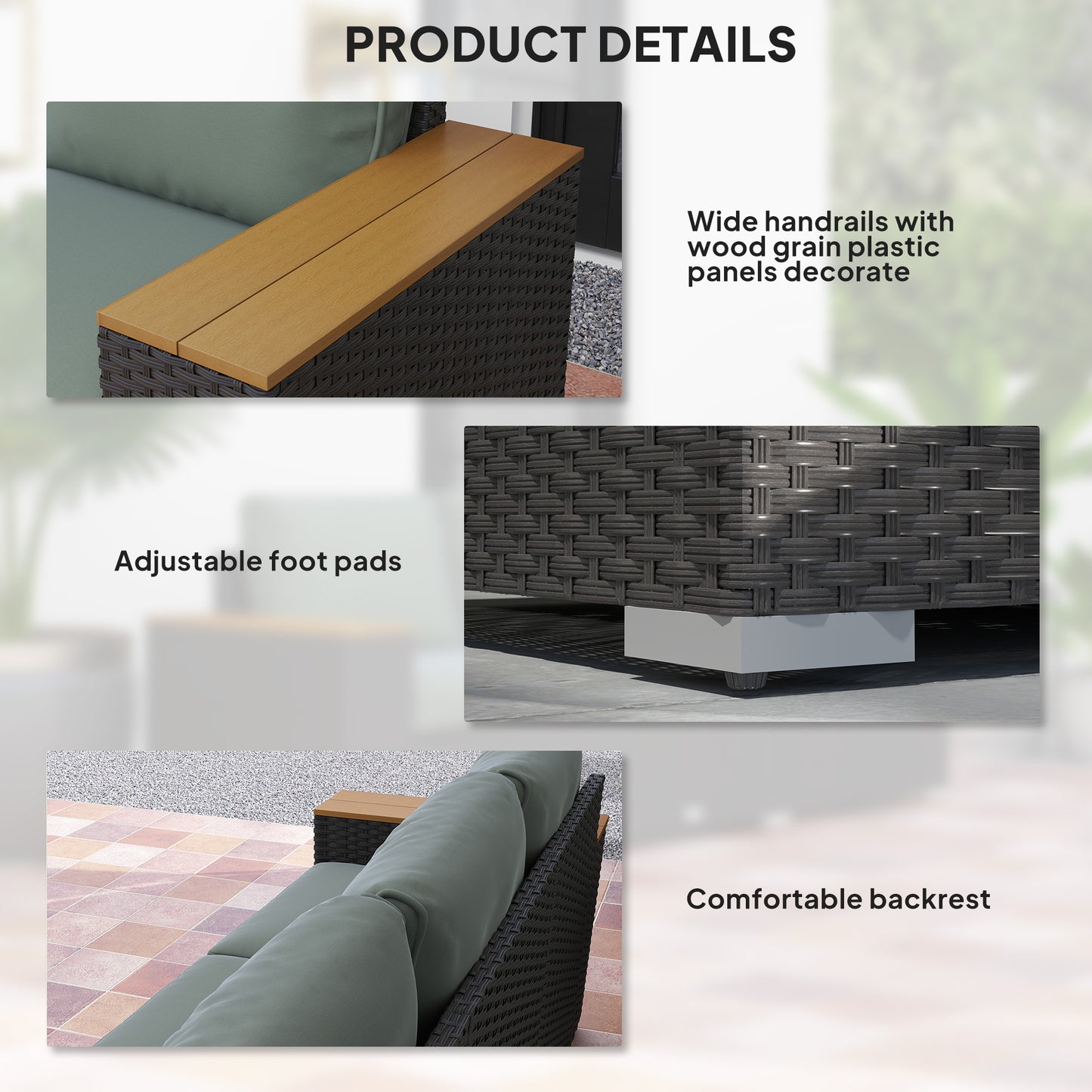 3-Sitziges Outdoor-Patio-Sofa mit Kissen, PE-Rattan-Geflecht-Sofa mit breiten Armlehnen, Outdoor-Geflecht-Couch, Dunkelgrau
