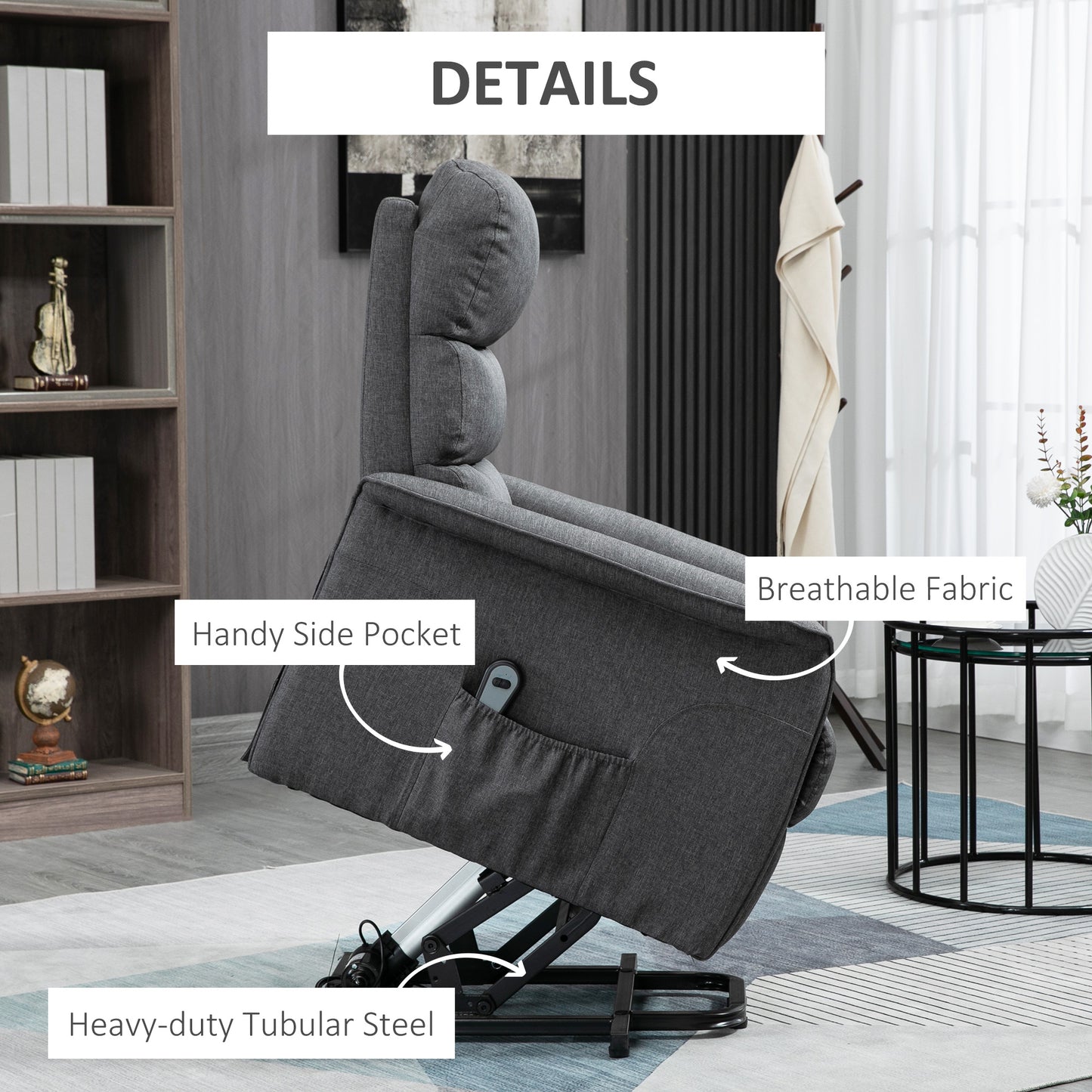 Power Lift Assist Recliner Chair For Elderly, Linen Fabric, Remote Control, Electric Sofa, Gray