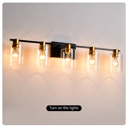 5-Lichtige Badezimmerleuchten in mattschwarzer und mattgoldener Farbe, moderne Waschtischleuchten mit Glasschirm, Vintage-Leuchten für Badezimmer über dem Spiegel, Wandlichter für Küche, Esszimmer, Schlafzimmer und Flur