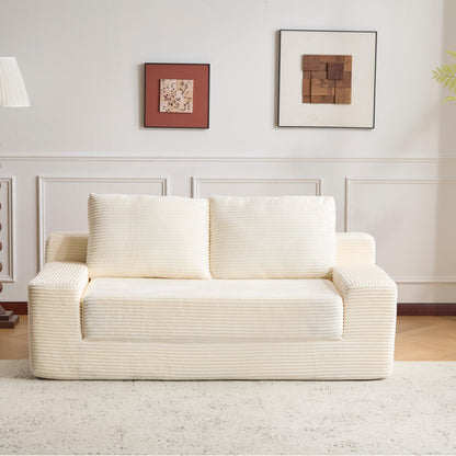 Zweisitzer-Sofa, Bequemes Sofa-Bett mit tiefer Sitzfläche, Modernes kleines Cord-Sofa für Wohnzimmer und Schlafzimmer, Umkehrbare Sitzkissen mit Kissen, Keine Montage erforderlich, Weiß