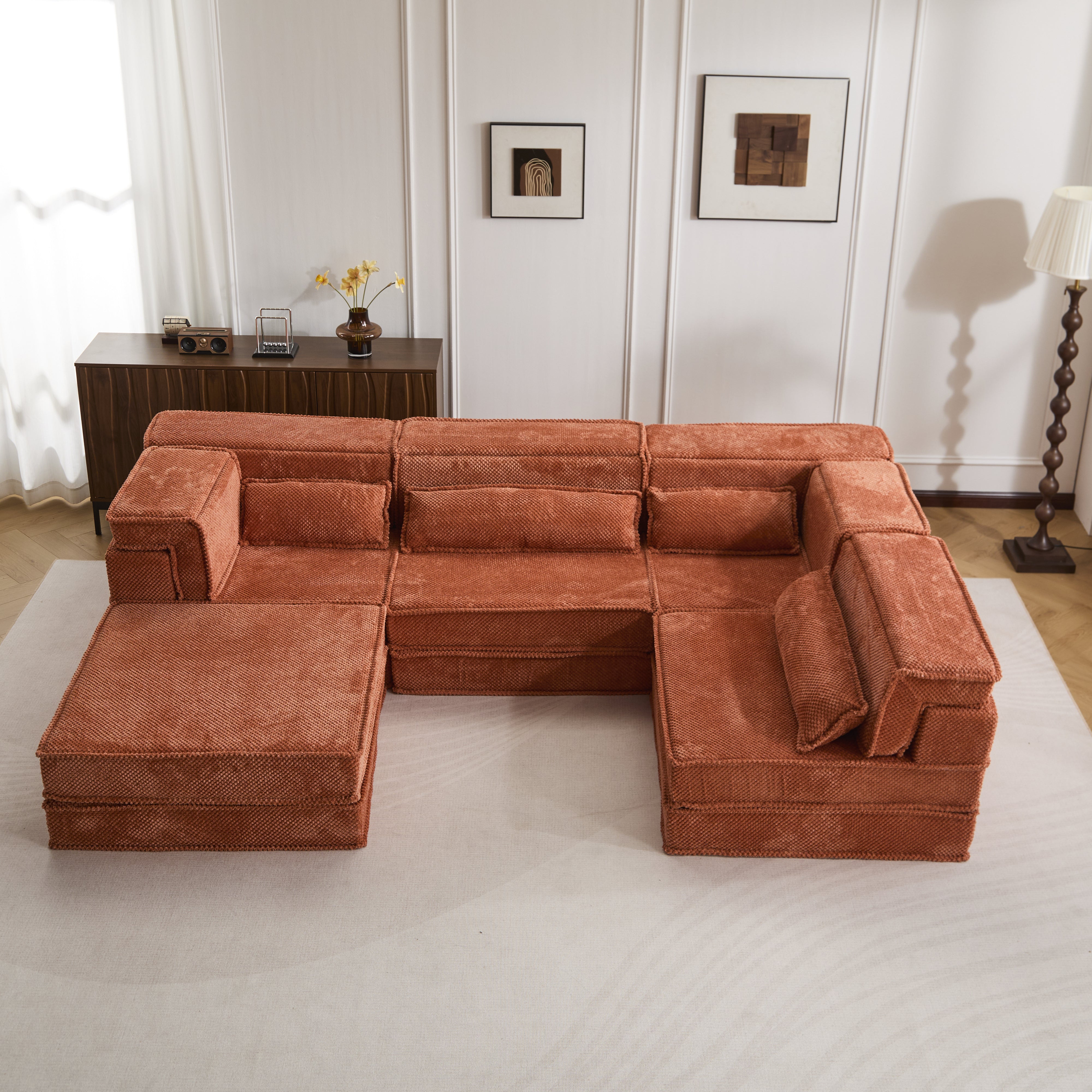 Kompressions-Mahjong-Sofa, umklappbares Boden-Sofabett, DIY knochenloses modulares Sektionssofa, keine Montage erforderlich, Kreis-Fleece-Stoff, überdimensioniertes 4-Sitzer-Sofa mit 1 Hocker, Orange