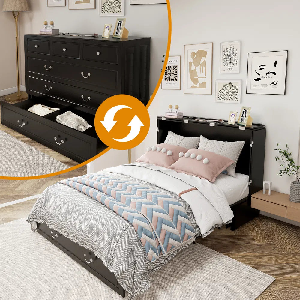 Queen-Size-Murphy-Bettgestell mit Schubladen, Murphy-Bett mit Lade-Station, 2 USB-Anschlüssen, mobiles Murphy-Bett als Schlafanordnung für vielseitige Bereiche im Schlafzimmer, Wohnzimmer, Gästezimmer, Weiß & Holz