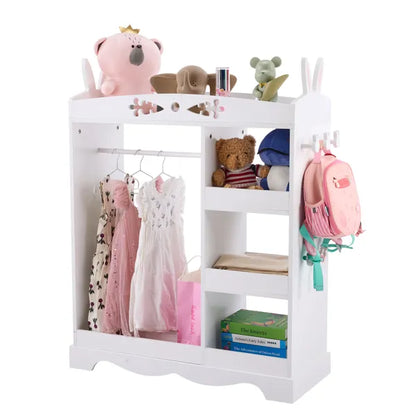 Weißer MDF + Spanplatten Kinder-Kleiderschrank mit 1 Spiegel, 3 Regalen und 1 Kleiderstange; Hasenohr-Design