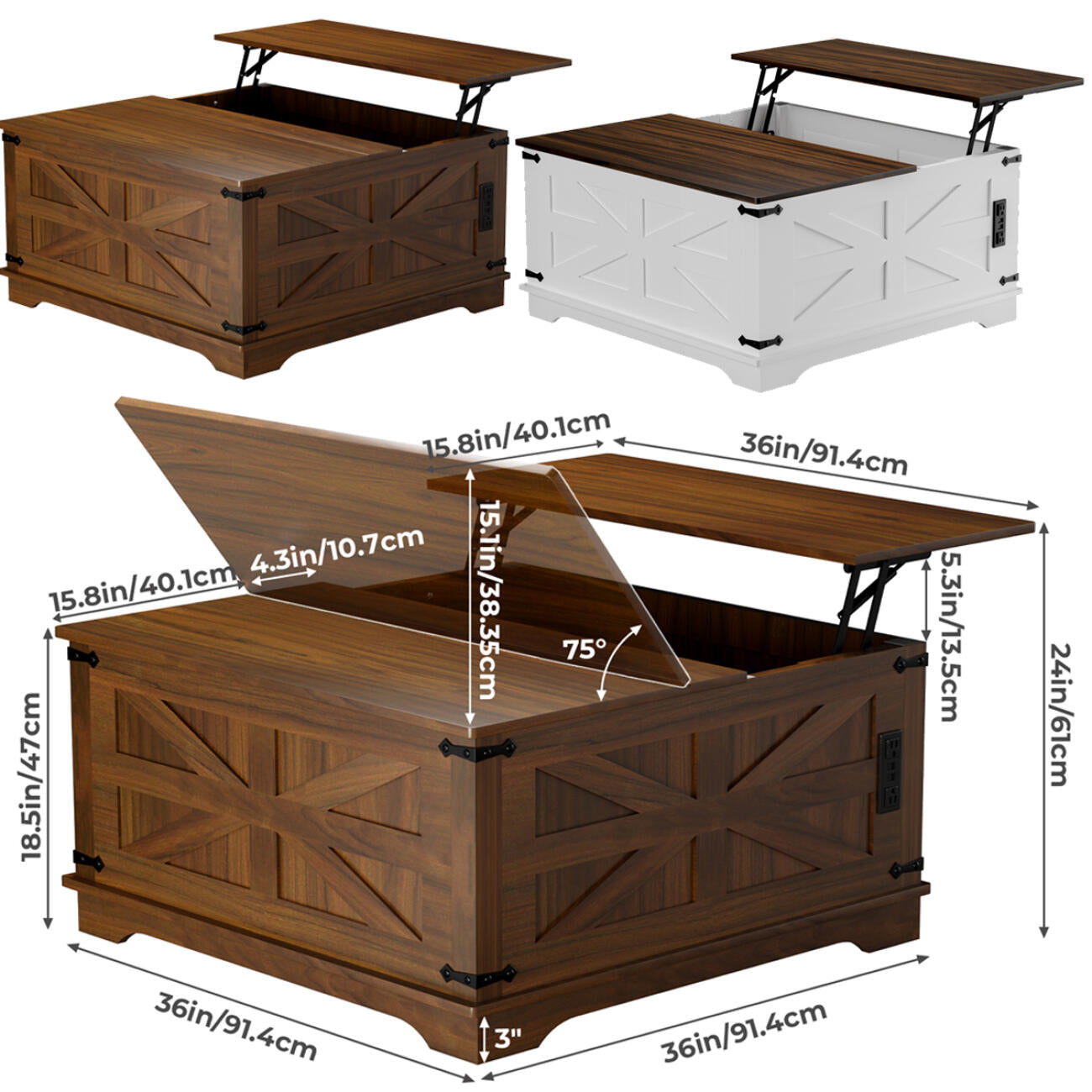Landhaus-Couchtisch mit Klapptop, USB-Ladestation & verstecktem Stauraum - Robuste Holzbasis, Weiß-Braun-Optionen, Ideal für die Organisation im Wohnzimmer, Couchtisch für das Wohnzimmer, Vielseitig