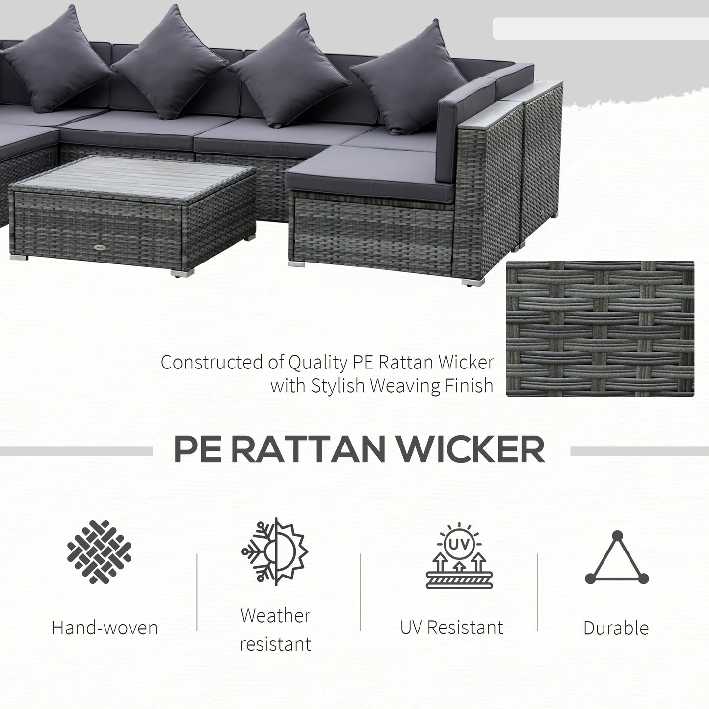 7-teiliges Patio-Möbel-Set PE-Rattan-Sofagarnitur Outdoor-Gesprächsset mit Akazien-Oberfläche Kaffeetisch & Sitzkissen für Garten, Hinterhof, Grau