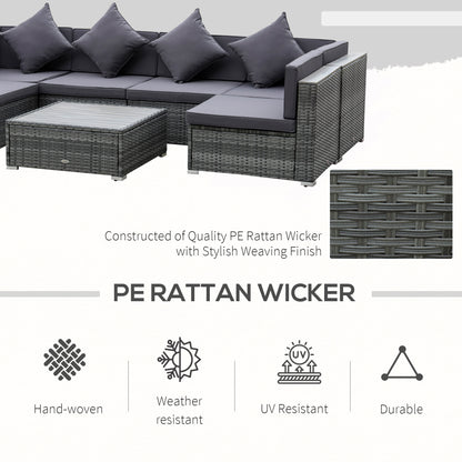 7-teiliges Patio-Möbel-Set PE-Rattan-Sofagarnitur Outdoor-Gesprächsset mit Akazien-Oberfläche Kaffeetisch & Sitzkissen für Garten, Hinterhof, Grau
