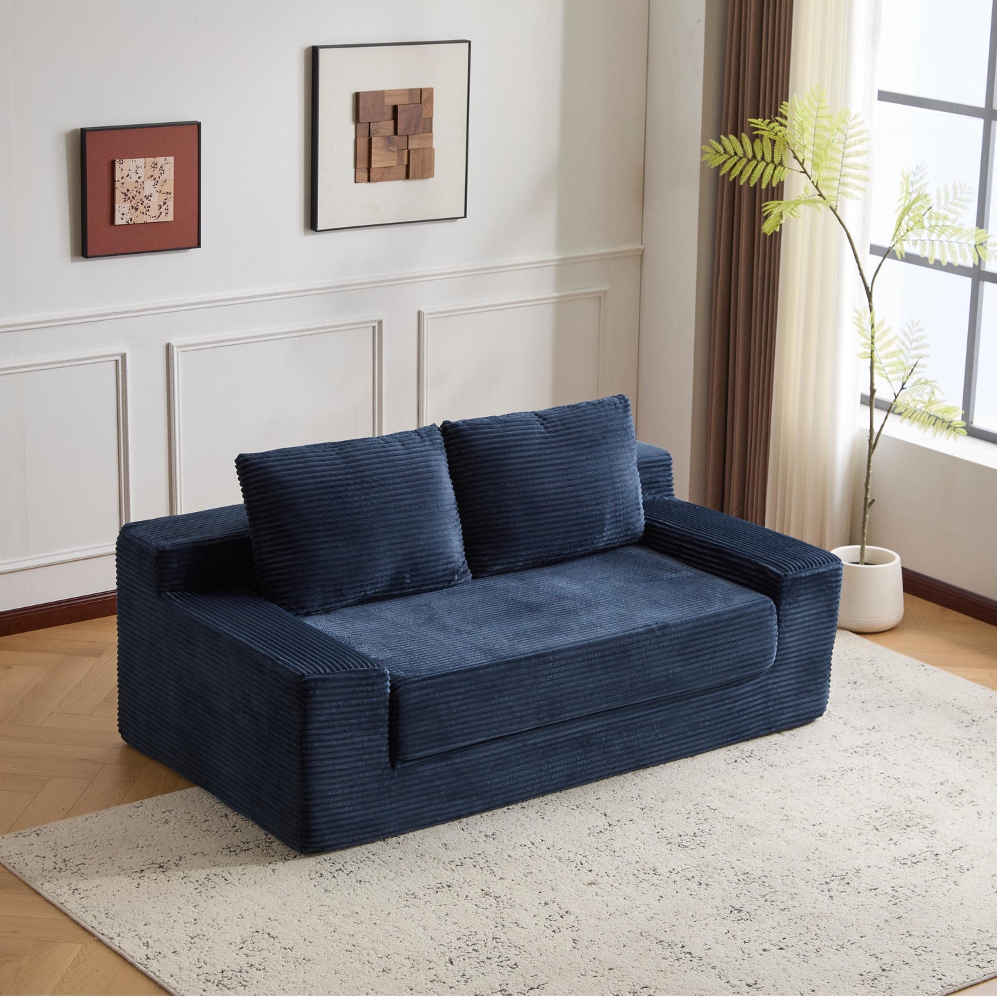 Zweisitzer-Sofa, Bequemes Sofa-Bett mit tiefer Sitzfläche, Modernes kleines Cord-Sofa für Wohnzimmer und Schlafzimmer, Umkehrbares Kissen mit Kissen, Keine Montage erforderlich, Dunkelblau