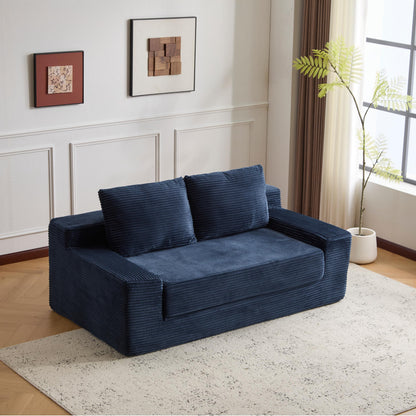 Zweisitzer-Sofa, Bequemes Sofa-Bett mit tiefer Sitzfläche, Modernes kleines Cord-Sofa für Wohnzimmer und Schlafzimmer, Umkehrbares Kissen mit Kissen, Keine Montage erforderlich, Dunkelblau