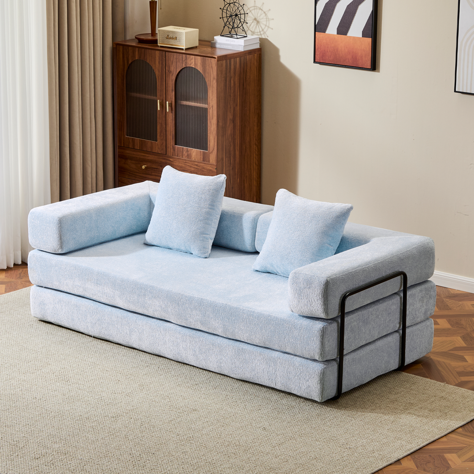 Boden-Couch, Kompressions-Sofa, Umwandelbares Boden-Sofa-Bett – mit Kissen-Rückenlehne und Armlehne, Bequeme Futon-Couch-Liege-Schlafsofa, Chenille-Stoff, für Wohnzimmer und Schlafzimmer LICHTBLAU