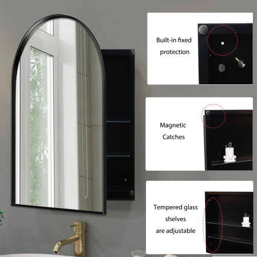 24x36 Zoll gewölbter eingelassener Arzneischrank, Badezimmer-Wandspiegel mit Metallrahmen, Spiegel und einstellbaren Regalen, Wandspiegel mit Stauraum für das Badezimmer, mattschwarz