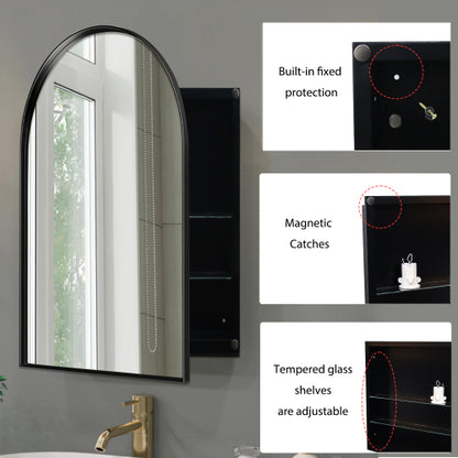 24x36 Zoll gewölbter eingelassener Arzneischrank, Badezimmer-Wandspiegel mit Metallrahmen, Spiegel und einstellbaren Regalen, Wandspiegel mit Stauraum für das Badezimmer, mattschwarz