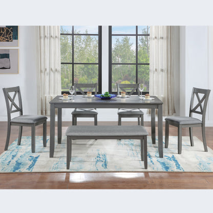 6-teiliges Küchen-Esszimmer-Set, rechteckiger Holztisch mit 4 gepolsterten Stühlen und einer Bank, Esstisch-Set für 6 Personen, Wohnzimmer, Hausbar und Küche, Grau