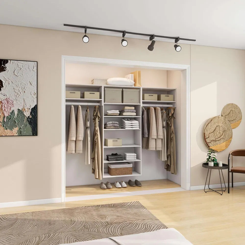 Schrankorganisationssystem, 71"H Einbauschrank-System mit Schubladen, Holz-Armoire-Garderobenschrank mit Regalen, DIY-Holzschrank-System mit wandmontierten Schrankregalen (87"B x 16"T x 71"H)