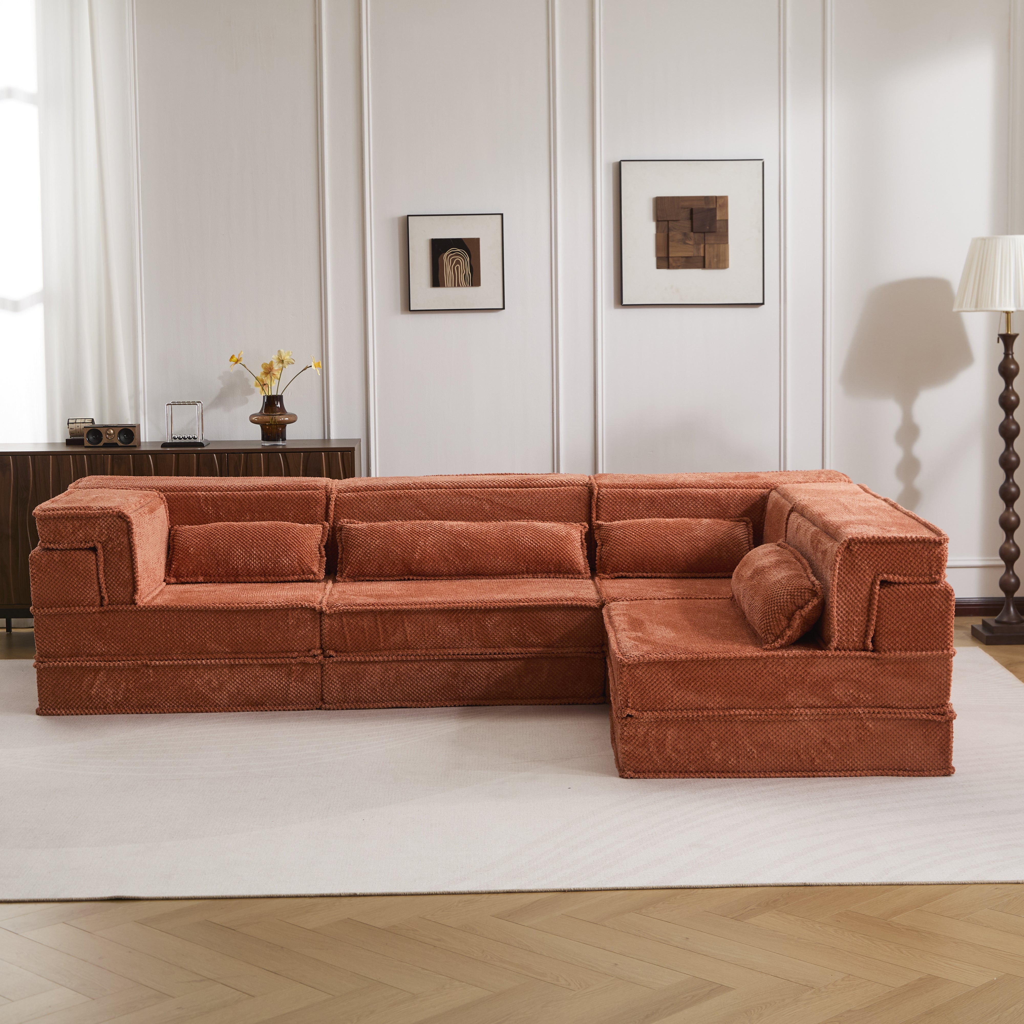 Kompressions-Mahjong-Sofa, Umwandelbares Boden-Sofa-Bett, DIY Knochenloses Modulares Sektional-Sofa, Keine Montage Erforderlich, Kreisförmiger Fleece-Stoff, Überdimensioniertes 4-Sitzer-Modell mit 4 Kissen, Orange