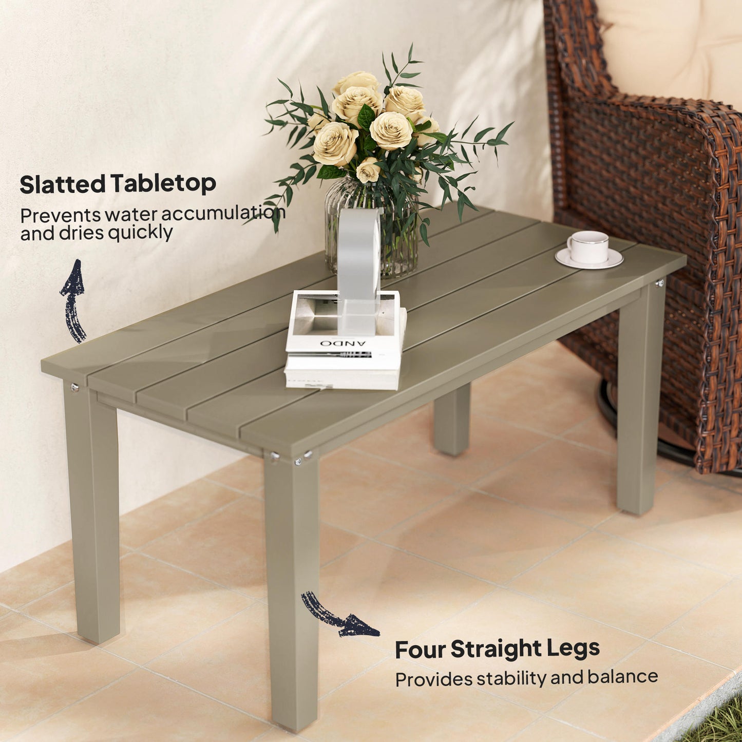 Rechteckiger Außentisch für Kaffee, HDPE Allwetter-Außentisch für Terrasse mit lamellenförmiger Tischplatte für Garten, Balkon, Braun