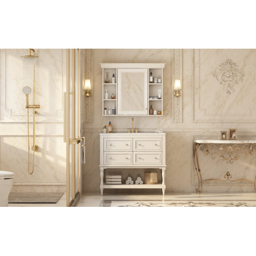 36'' Badezimmer-Waschständer mit Medizinschrank, moderner Spiegelschrank mit einstellbarem Regal, Badezimmer-Aufbewahrungsschrank mit 4 Schubladen, Badezimmer-Aufbewahrungsschrank mit massivem Holzrahmen