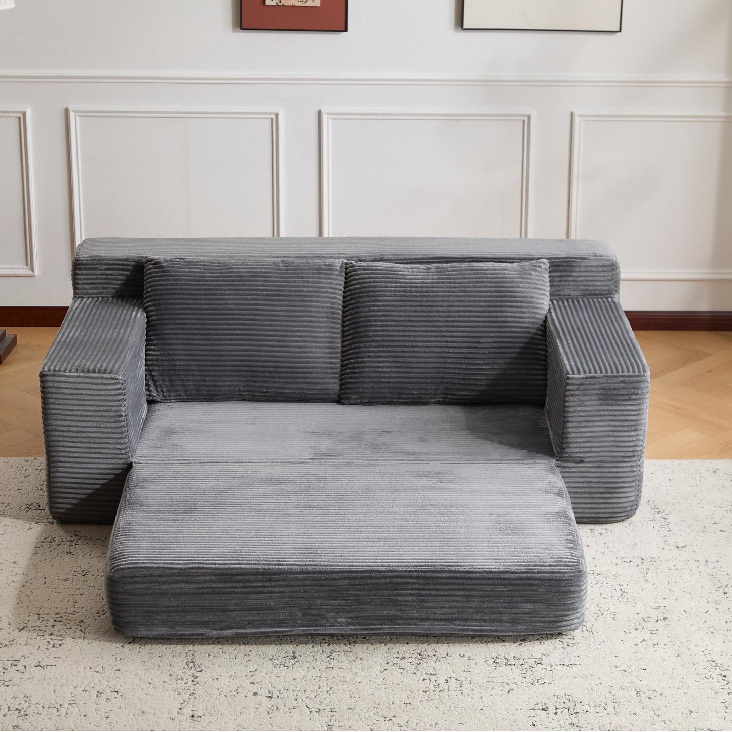 Zweisitzer-Sofa, Bequemes Sofa-Bett mit tiefer Sitzfläche, Modernes kleines Cord-Sofa für Wohnzimmer und Schlafzimmer, Umkehrbares Kissen mit Kissen, Keine Montage erforderlich, Dunkelgrau